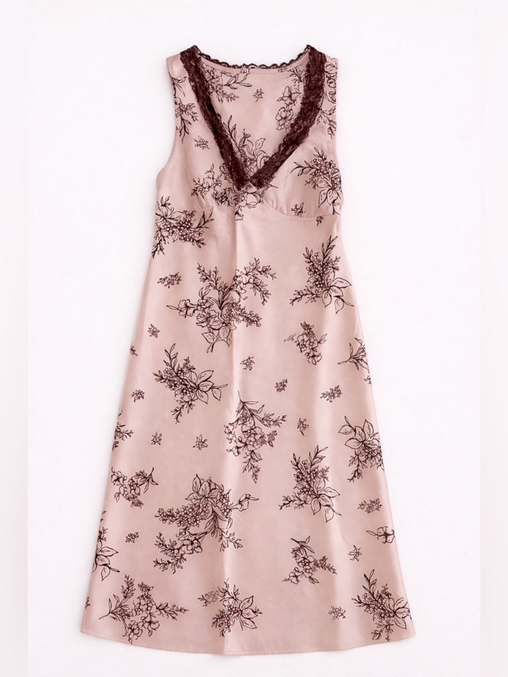 Old Navy XS Petite Blush Pink Floral Satin Slip Midi Dress w/ Burgundy Lace Trim